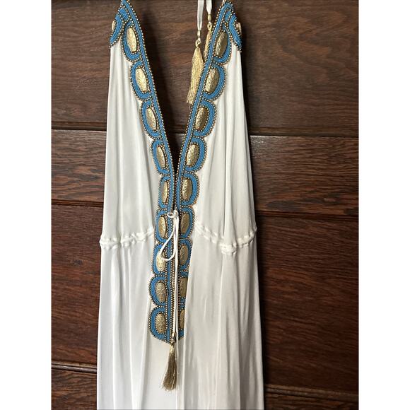 Asa Kaftans White Halter Dress Gold Turquoise Beading Size L / XL High Low - Picture 2 of 10